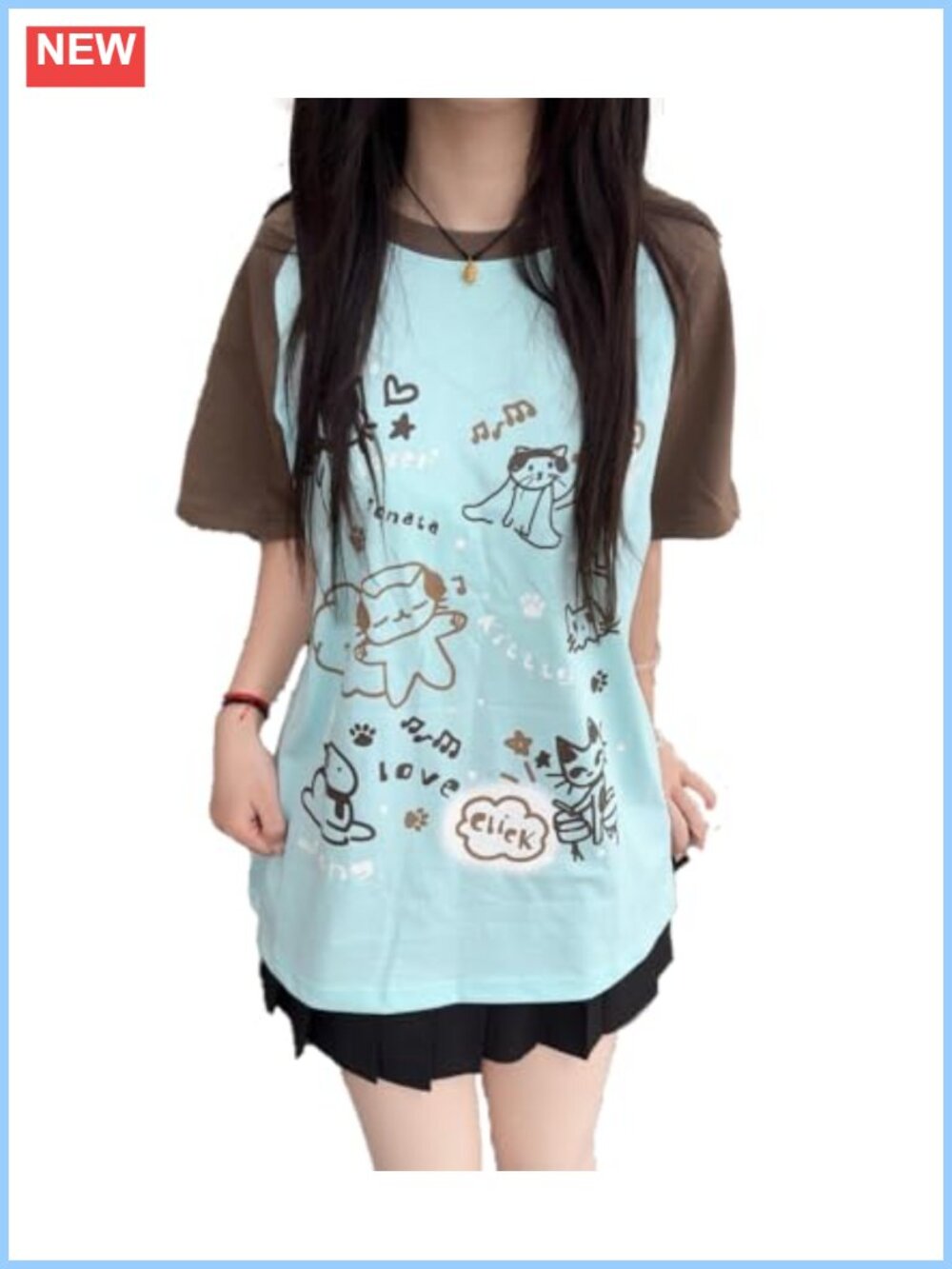 Y2K Cute Cat Print Oversized Tee Patchwork Harajuku Cutecore